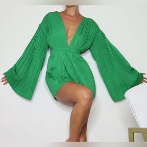 Green Plunge Pleated Romper